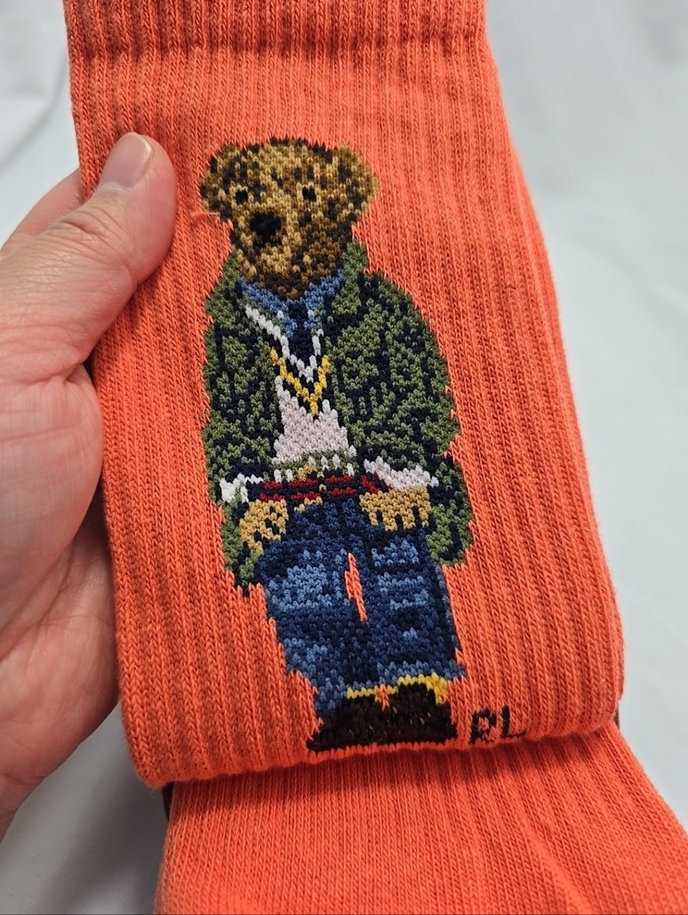 NWT Polo Ralph Lauren Men's Crew Lenth Ribbed Socks 2 Pk Bear Print Blue Orange - Picture 3 of 4